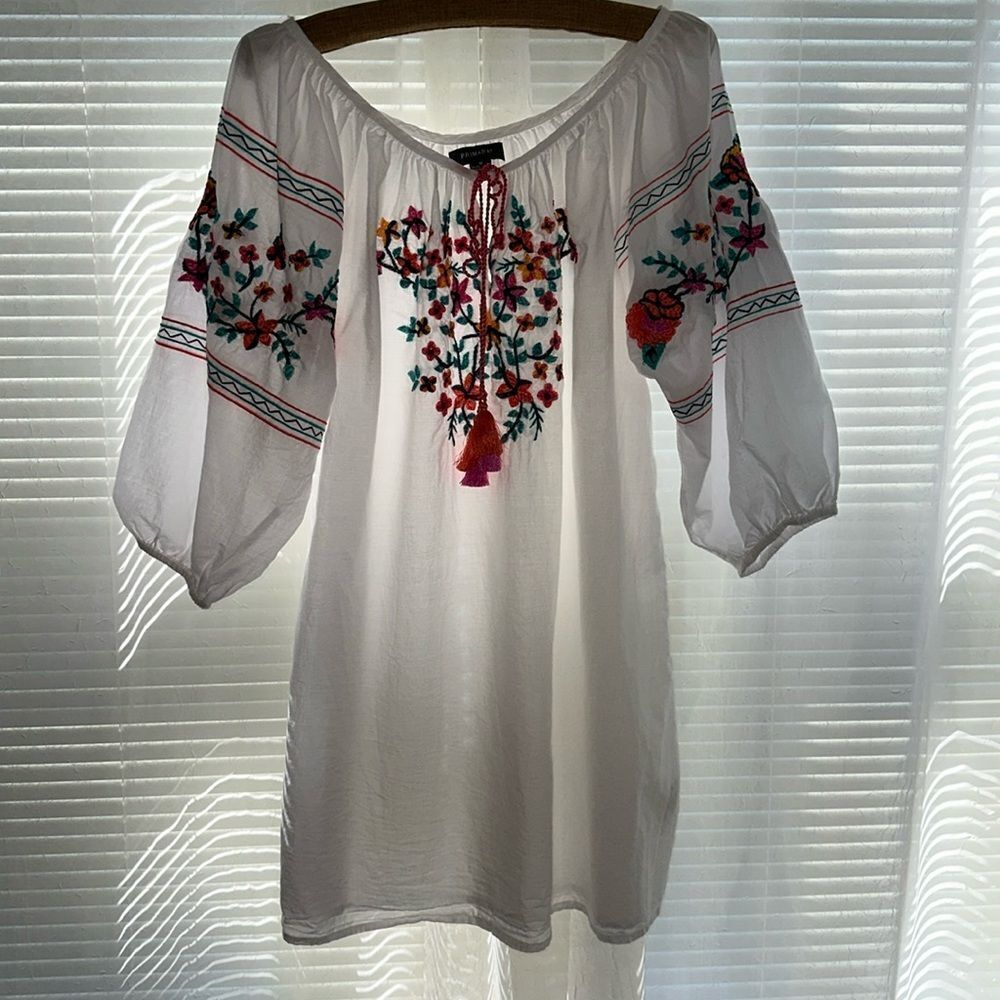 PRIMARK M White Embroidered Floral Beach Cover Up Quarter Sleeve Cotton Tunic